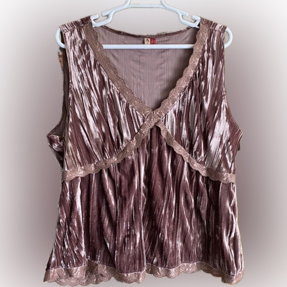 Y2K Romantic Fairy Core Mauve Velvet Babydoll Lace Trim Tank Top Plus Size 26/28